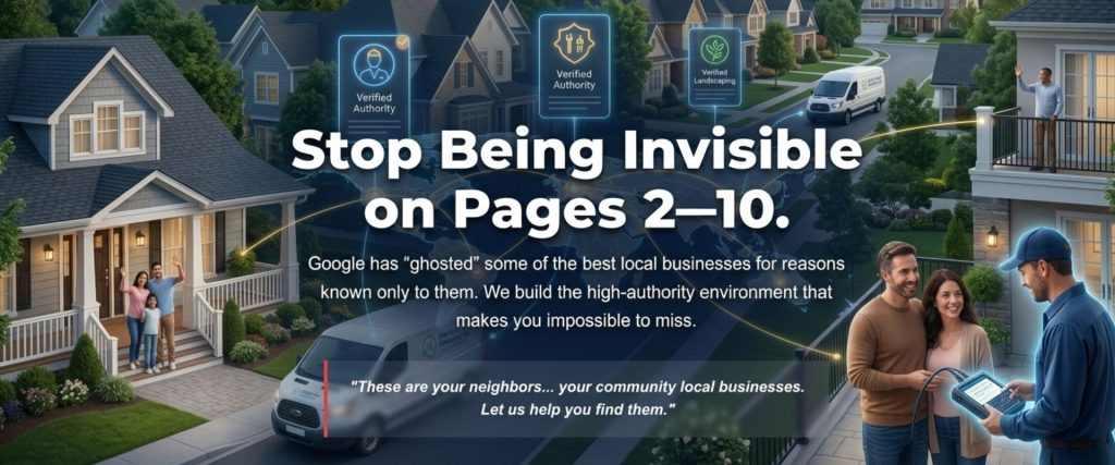 A digital network connecting local service providers to a high-end residential neighborhood with families and service vans, illustrating the Notice Me Directories authority bridge.